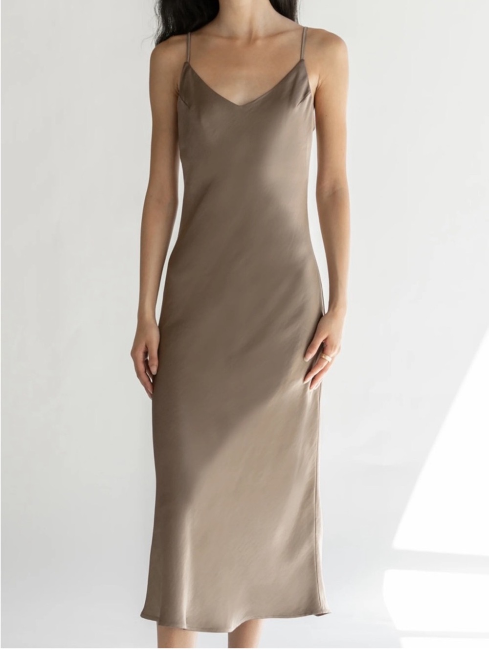 OAK + FORT Taupe Satin Midi Slip Dress – XS